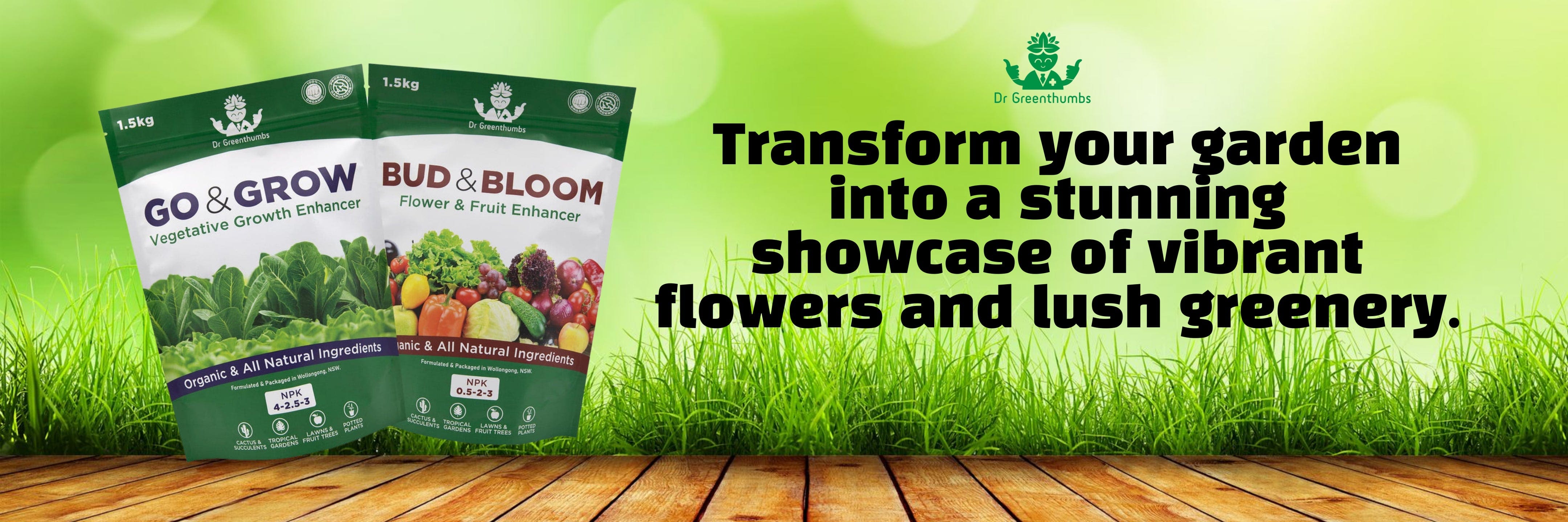 Two bags of fertilizer on a wooden surface with grass background.