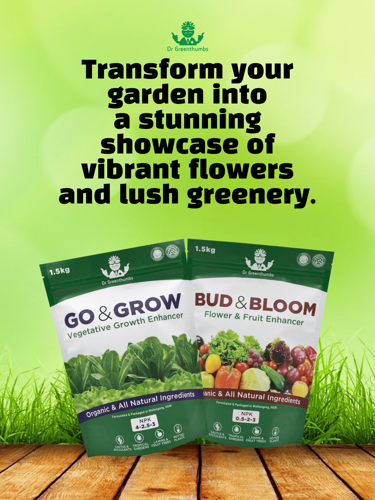 Two bags of fertilizer on wooden surface.