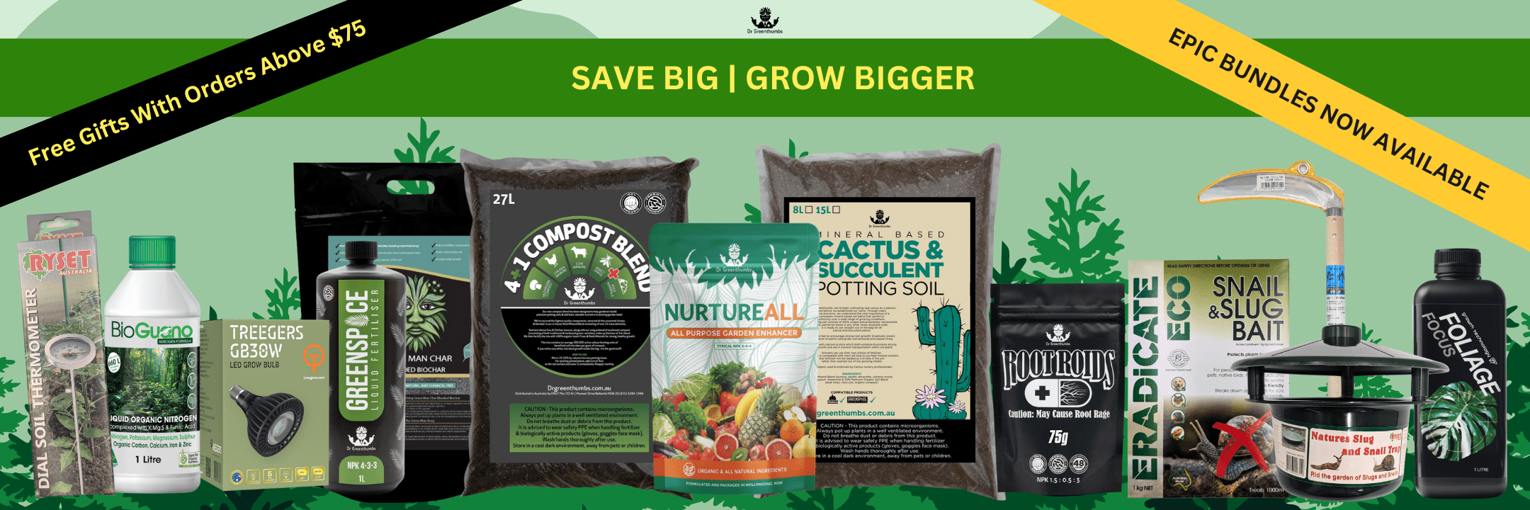 Various gardening products on display.