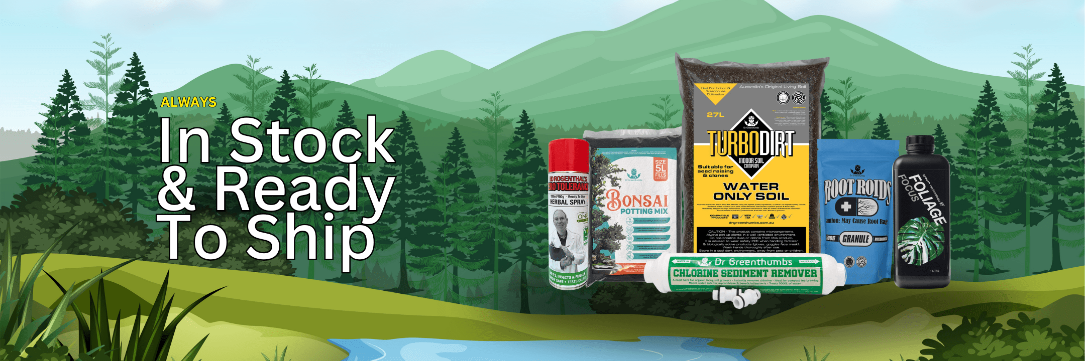 Products and landscape background.