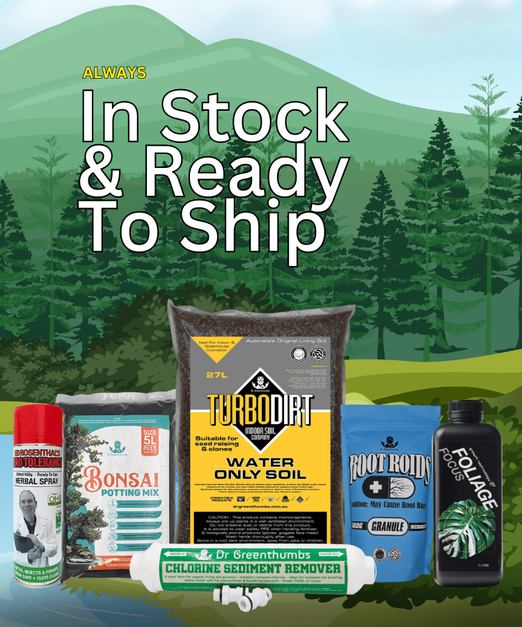 Various gardening products with In Stock text.