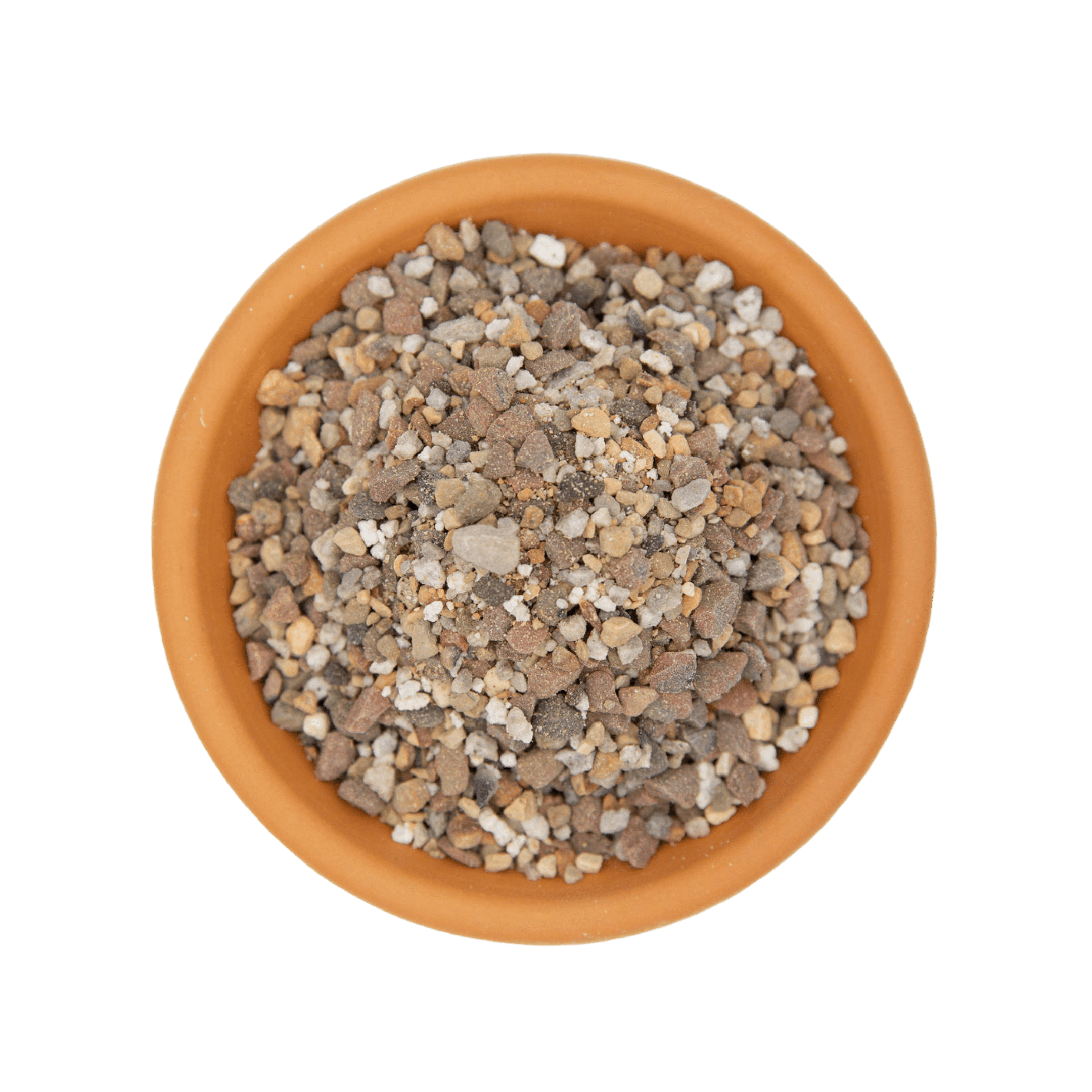 Terra cotta pot filled with small stones.