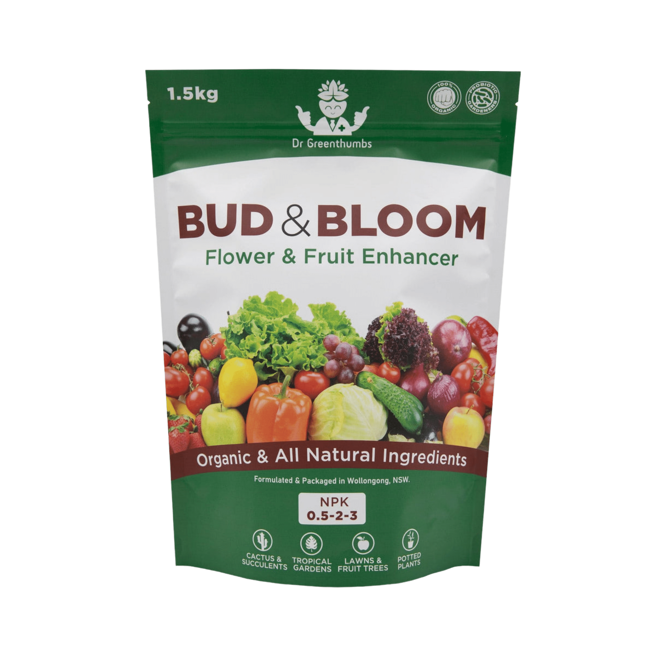 Bag of Bud & Bloom flower and fruit enhancer with produce.