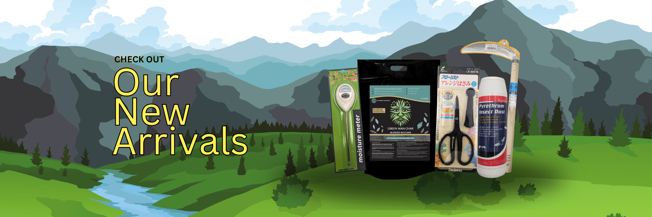 Products displayed with a mountain backdrop.