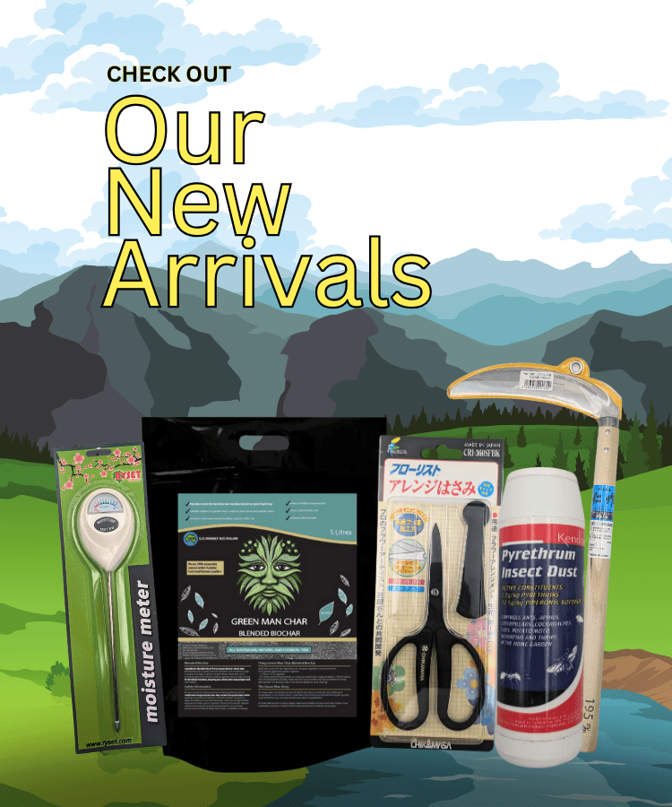 Gardening tools and products against a mountain backdrop.