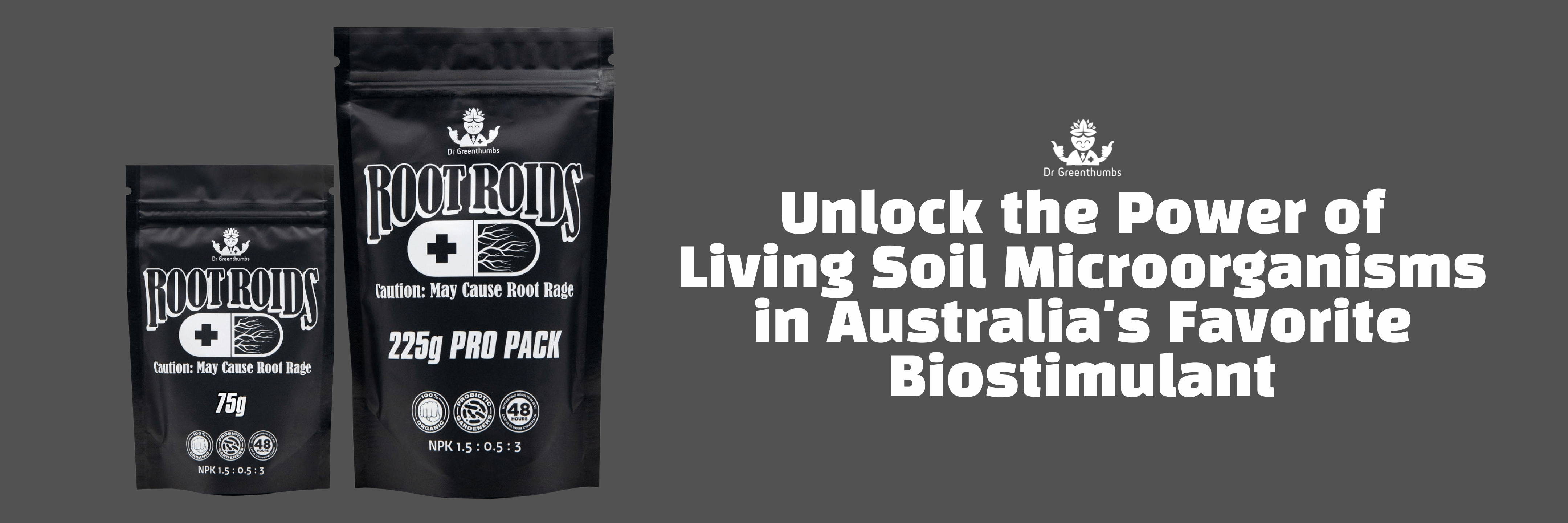 Black bags of product with text and tagline.