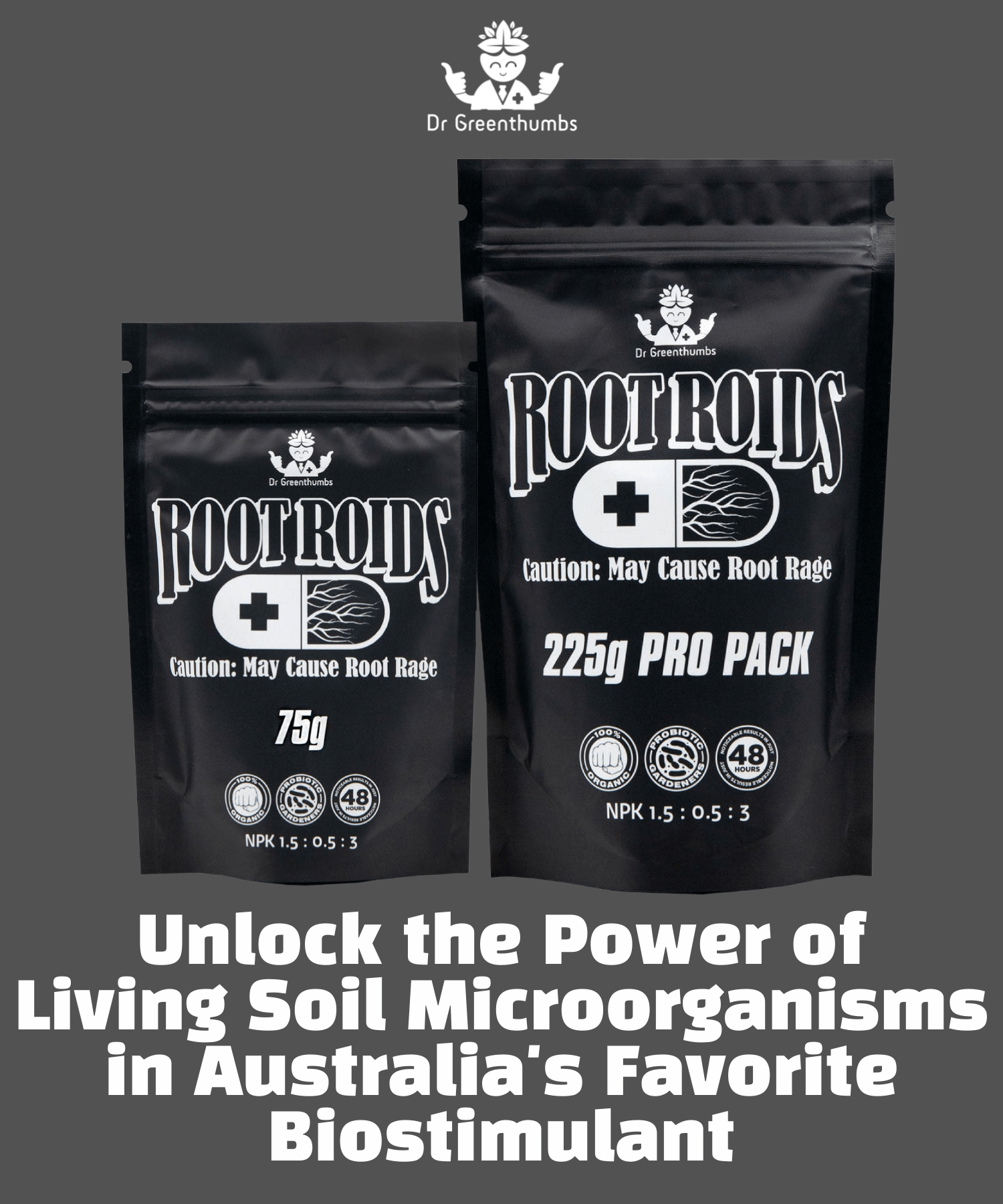 Two black bags of Rootroids plant food.