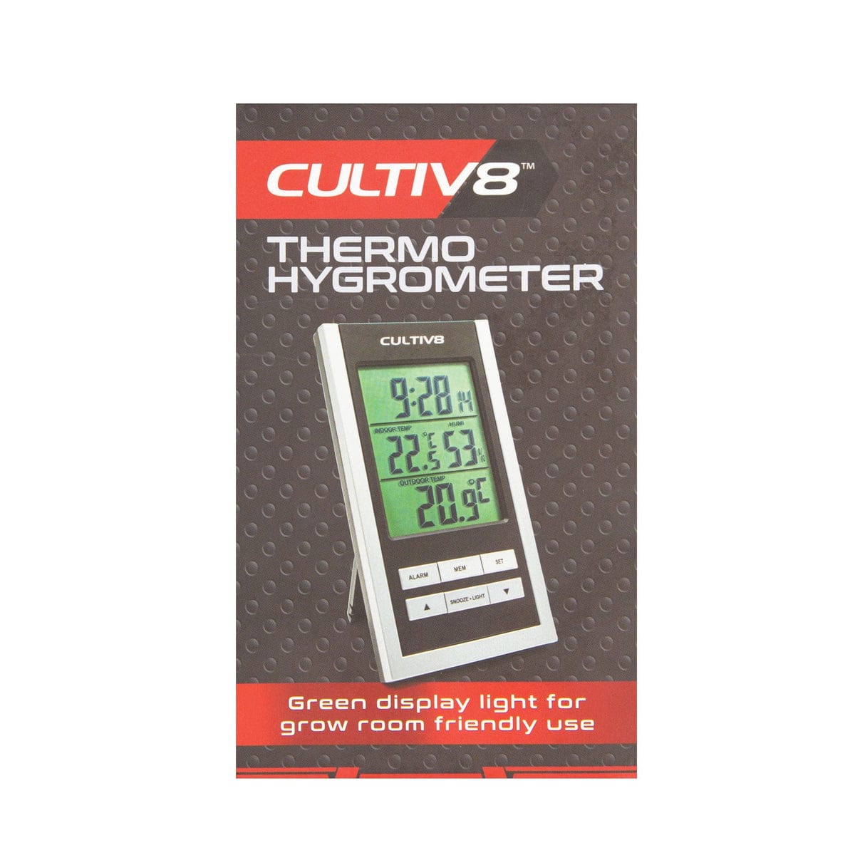 Thermo-hygrometer with green display showing time and temperature.