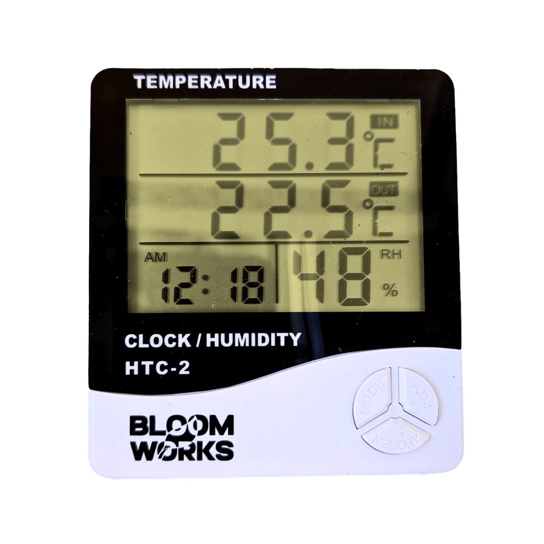 Bloom Works Gardening Accessories > Thermostats & Timers Bloom Works HTC‑2 Digital Thermometer Hygrometer – Indoor Outdoor Temperature & Humidity Monitor with Clock Display