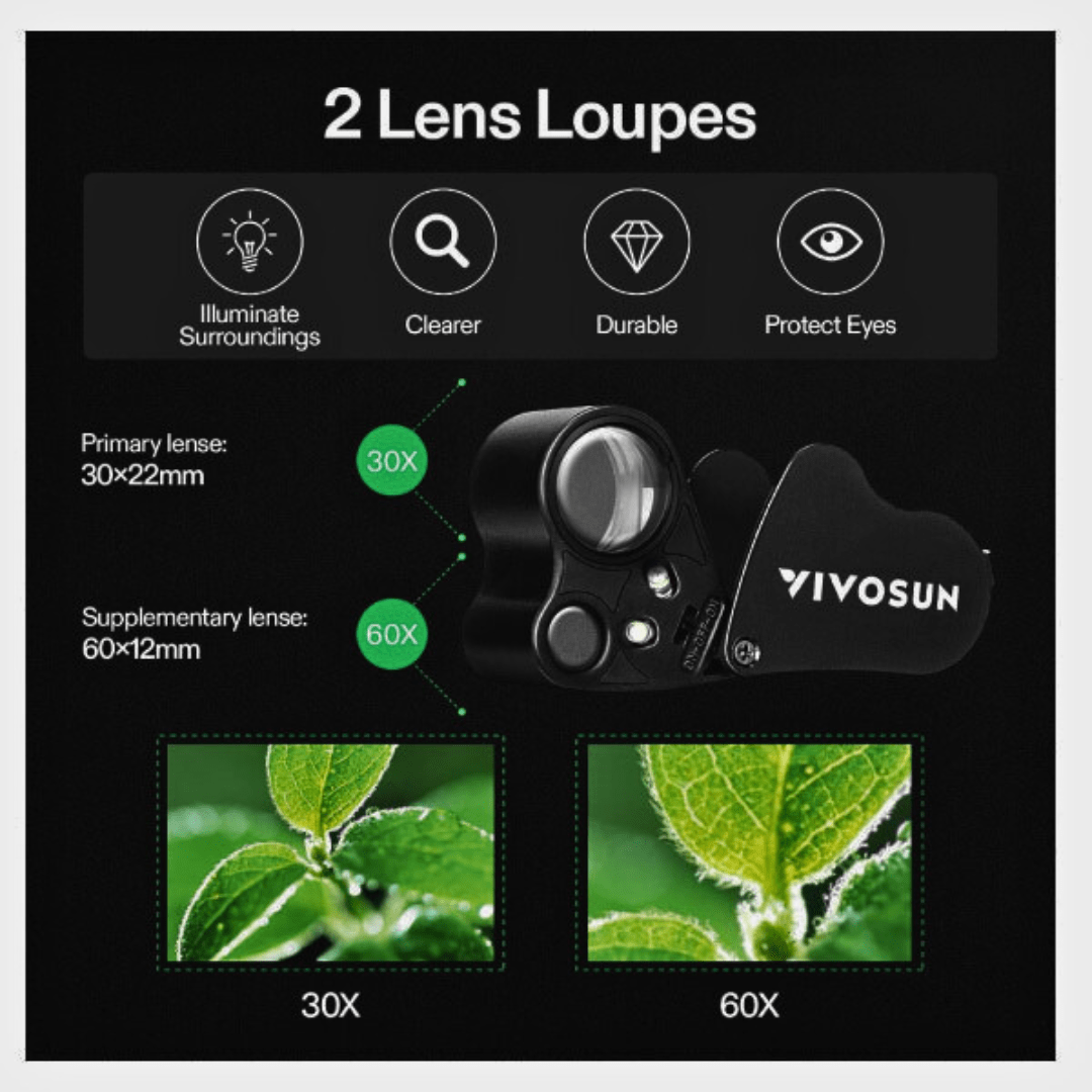 Vivosun Hydroponic Supplies > Pest Control VIVOSUN Dual-Lens Foldable Jewelers Loupe Magnifier with LED Lights – 30X & 60X Precision
