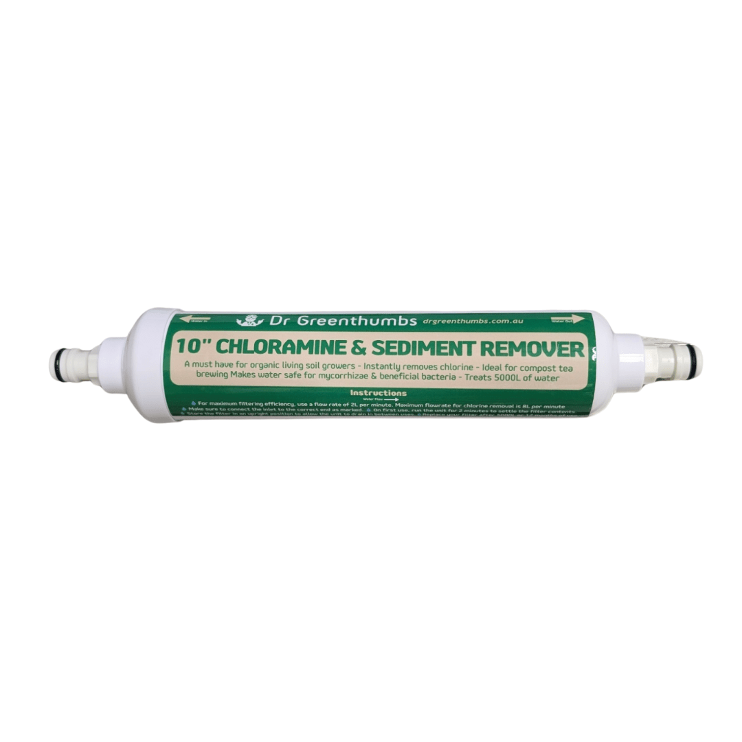 Dr Greenthumbs Hydroponic Supplies > Pumps & Irrigation Supplies > Irrigation Hose & Fittings 10" Chloramine Filter Chlorine & Sediment Remover (Attach to your garden hose!)