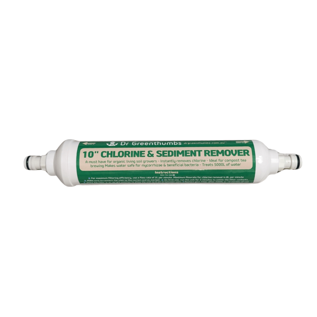 Dr Greenthumbs Hydroponic Supplies > Pumps & Irrigation Supplies > Irrigation Hose & Fittings 10" Chlorine Filter Chlorine & Sediment Remover (Attach to your garden hose!)