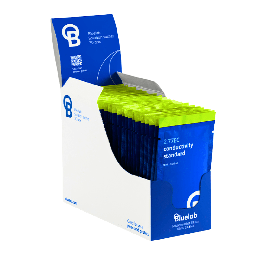 Bluelab Hydroponic Supplies > Water Test Meters & Solutions > Adjustment & Storage Solutions Bluelab 2.77 EC Calibration Solution – 18ml Sachets for Hydroponic EC Meters & Probes