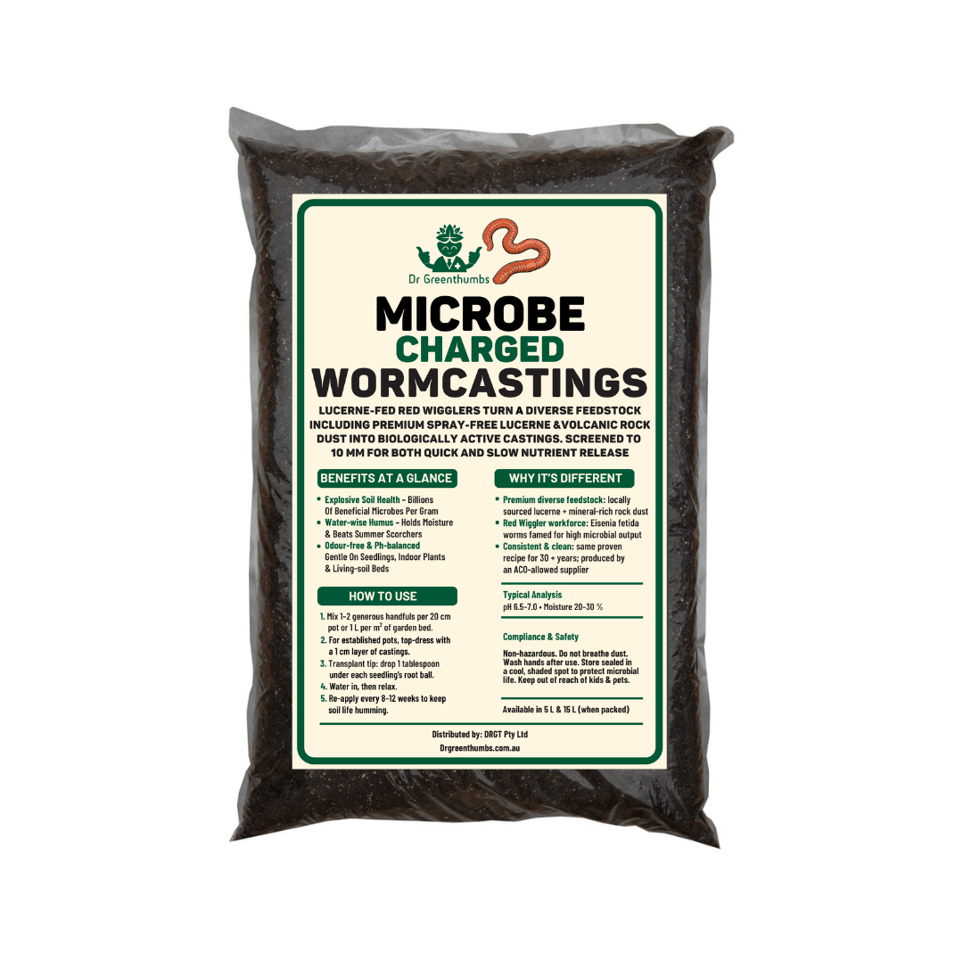Dr Greenthumbs Organic Gardening > Potting Soil & Growing Media > Compost, Frass & Worm Castings Microbe‑Charged Worm Castings – Premium Lucerne‑Fed Red Wiggler Organic Fertilizer