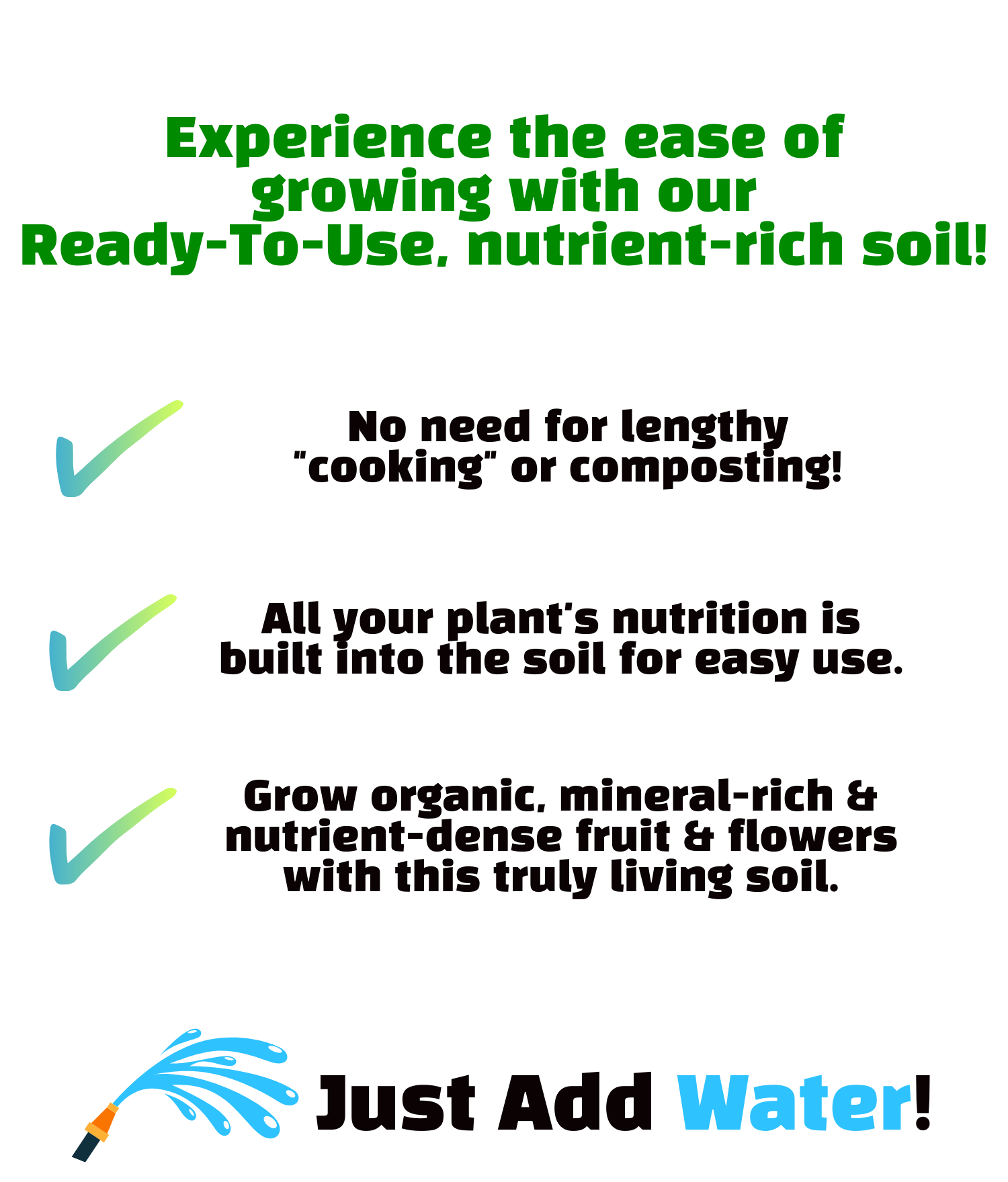 Green text on a green background with checkmarks and a hose spraying water.