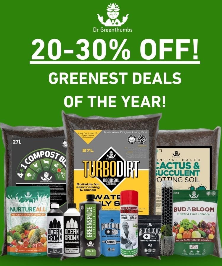Bags of soil and gardening products with discount text.