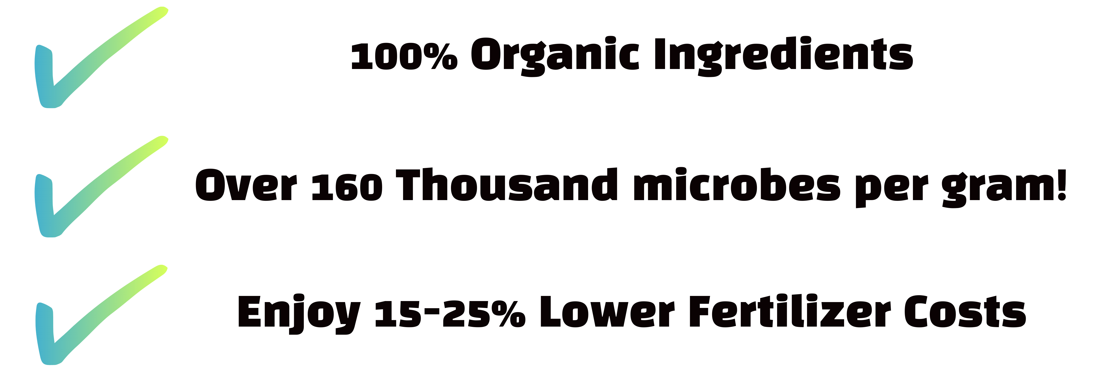 Check marks with text about organic ingredients, microbes, and costs.