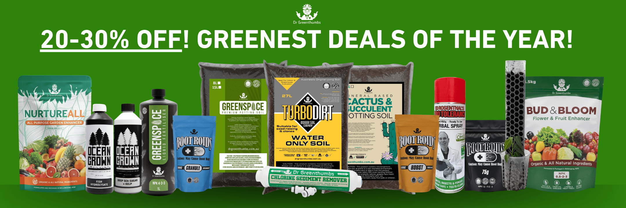 Various gardening products with a sale banner.