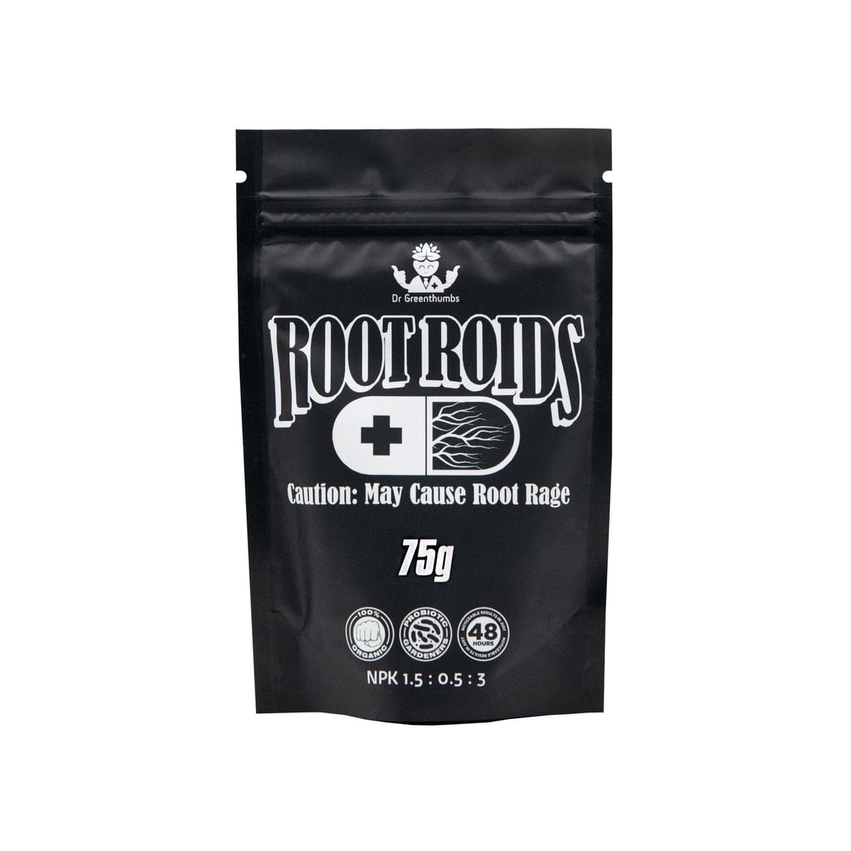 Black bag of ROOTROIDS plant food.
