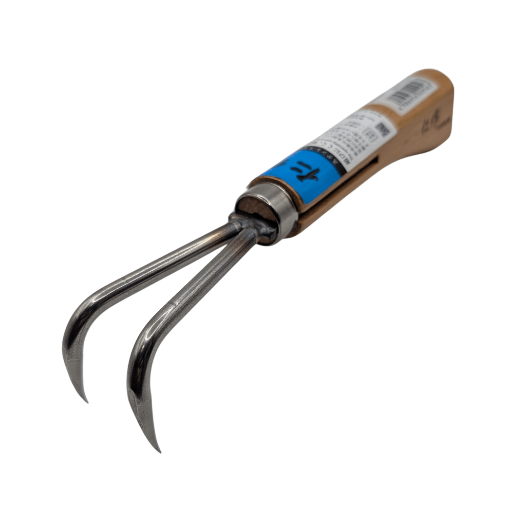 Nisaku Gardening Accessories > Propagation Tools > Secateurs & Scissors Nisaku NJP956 2 Tyne Stainless Steel Cultivator – Wooden Handle, Made in Japan