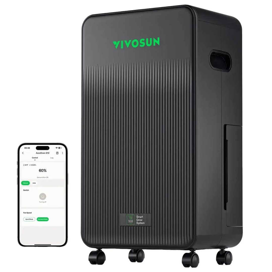 Vivosun Hydroponic Supplies > Environment > Environmental Control VIVOSUN AeroDrain D12 Smart Dehumidifier – 12L/Day with 2L Tank, Sensor Probe & App Control for Grow Tents