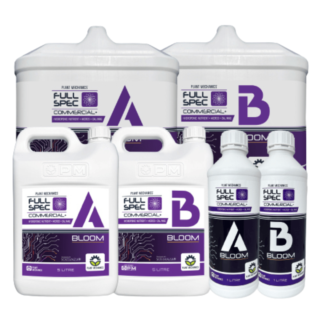 Plant Mechanics Hydroponic Supplies > Hydroponic Nutrients > Base Nutrients Plant Mechanics Full Spec Bloom A & B Commercial+ Two-Part Flowering Nutrient