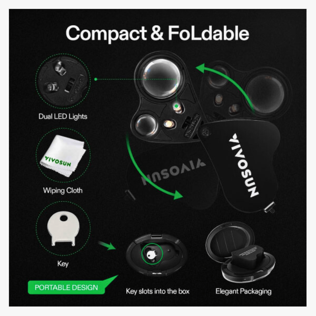 Vivosun Hydroponic Supplies > Pest Control VIVOSUN Dual-Lens Foldable Jewelers Loupe Magnifier with LED Lights – 30X & 60X Precision