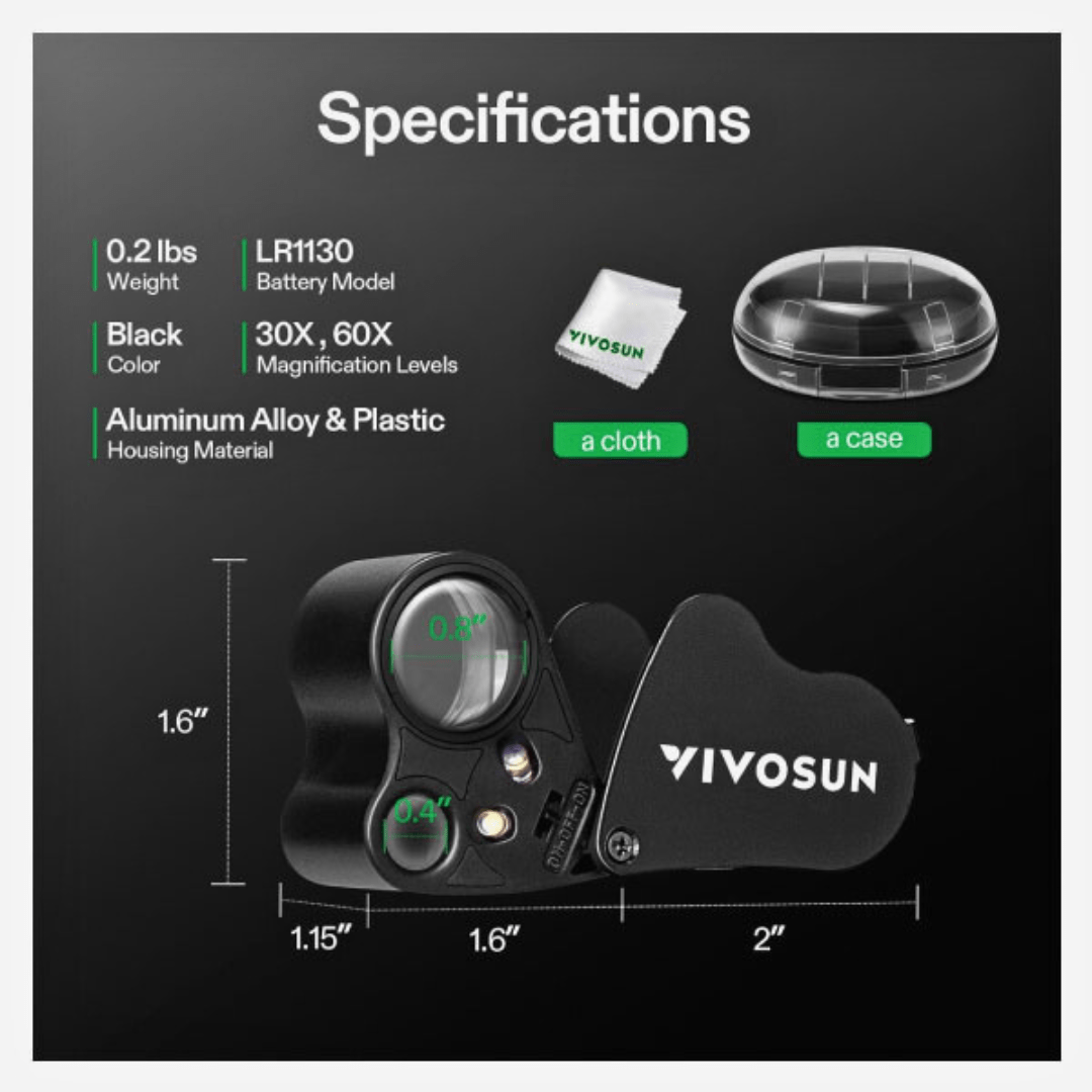 Vivosun Hydroponic Supplies > Pest Control VIVOSUN Dual-Lens Foldable Jewelers Loupe Magnifier with LED Lights – 30X & 60X Precision