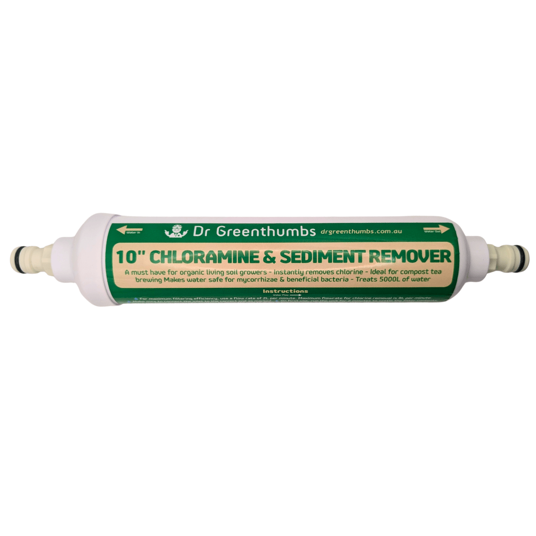 Dr Greenthumbs Hydroponic Supplies > Pumps & Irrigation Supplies > Irrigation Hose & Fittings 10" Chloramine Filter Chlorine & Sediment Remover (Attach to your garden hose!)