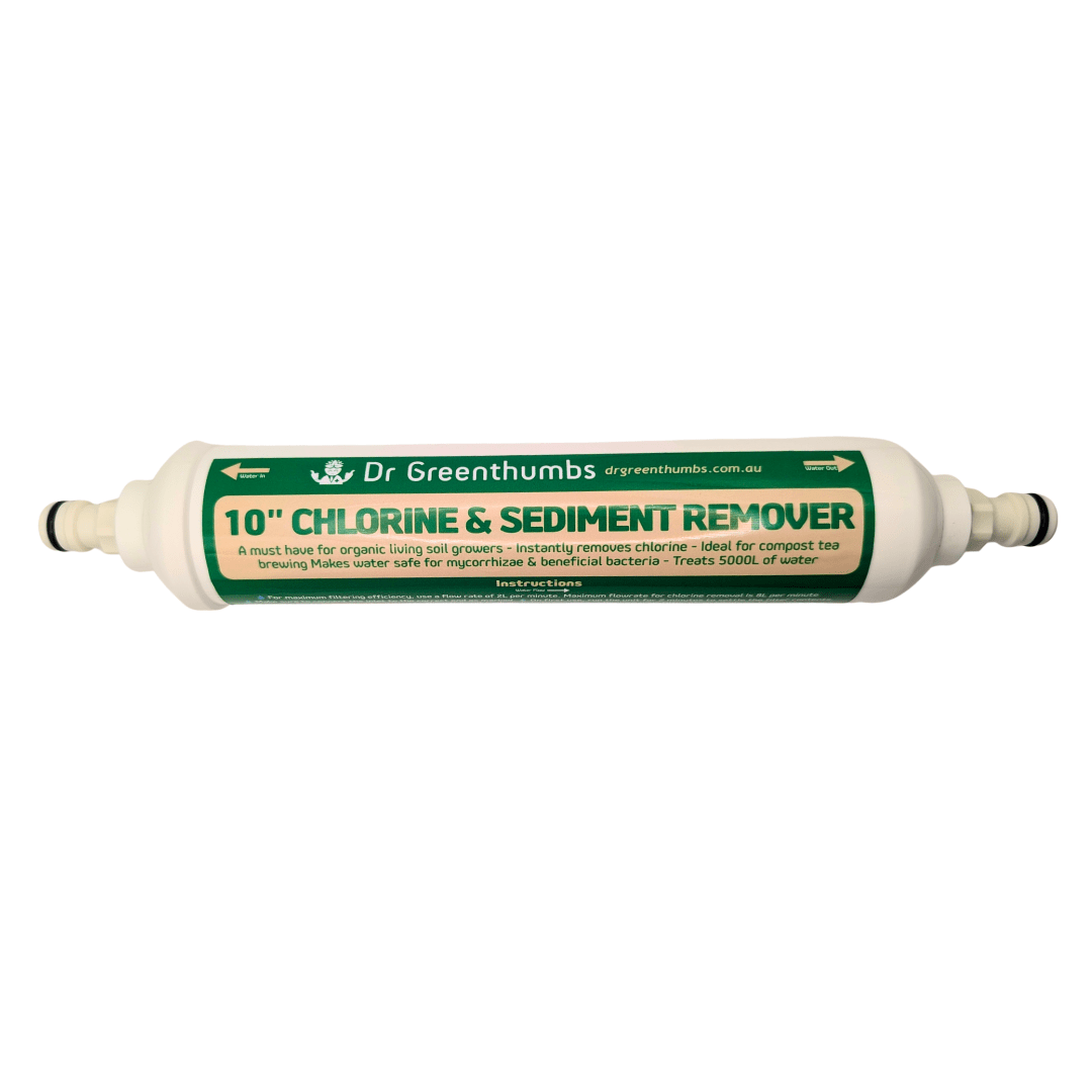 Dr Greenthumbs Hydroponic Supplies > Pumps & Irrigation Supplies > Irrigation Hose & Fittings 10" Chlorine Filter Chlorine & Sediment Remover (Attach to your garden hose!)