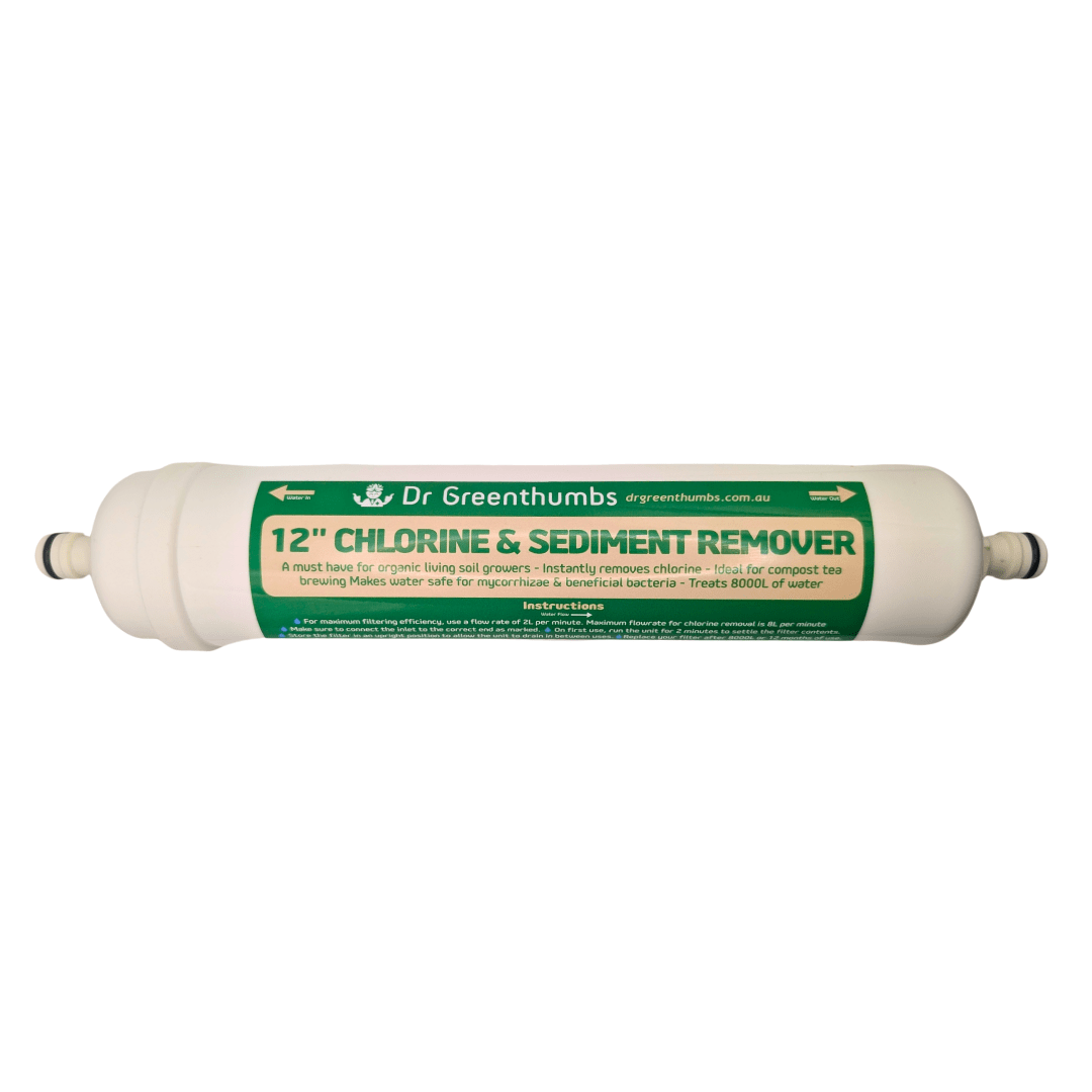 Dr Greenthumbs Hydroponic Supplies > Pumps & Irrigation Supplies > Irrigation Hose & Fittings 12" Chlorine Filter Chlorine & Sediment Remover (Attach to your garden hose!)