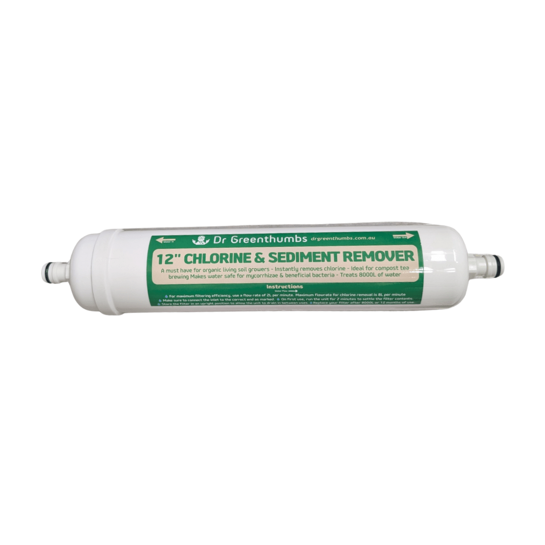 Dr Greenthumbs Hydroponic Supplies > Pumps & Irrigation Supplies > Irrigation Hose & Fittings 12" Chlorine Filter Chlorine & Sediment Remover (Attach to your garden hose!)